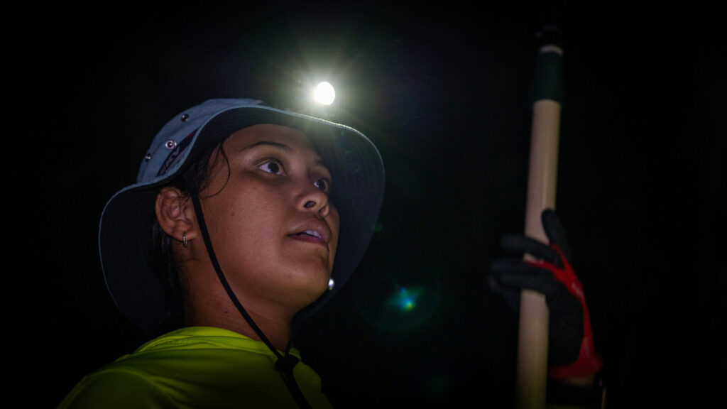 Marrae Cruz scanning the tree line for invasive snakes.