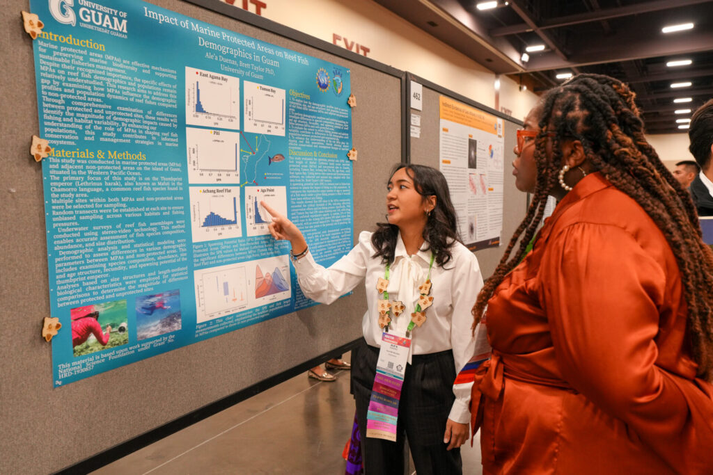 Ale’a Duenas presents her research at the largest national diversity in science conference in the country, SACNAS, as a part of the University of Guam’s student delegation.  The delegation was was coordinated by UOG CIS and Sea Grant, NSF SEAS Alliance Guam, and Guam NSF EPSCoR.