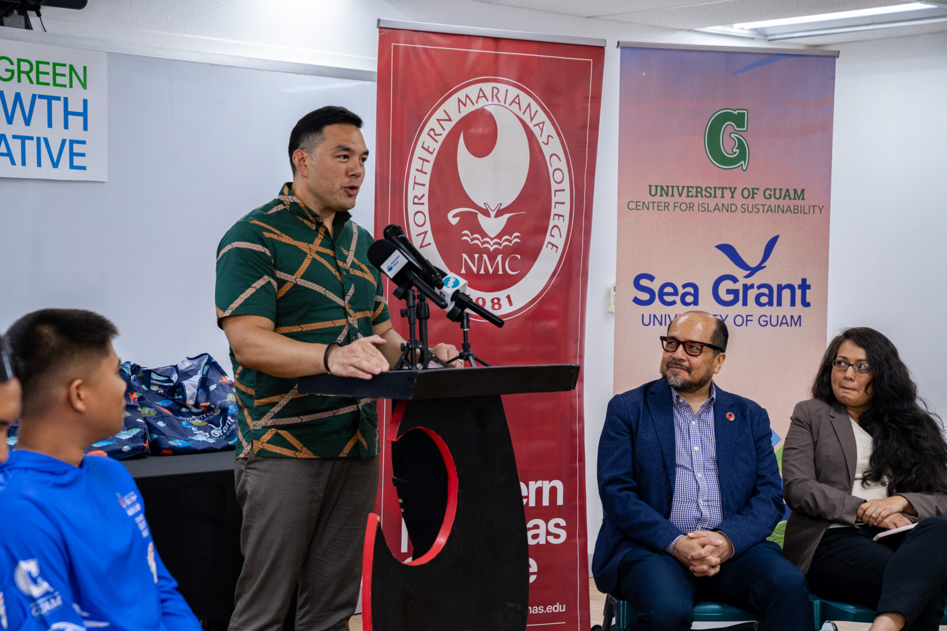 Guam Green Growth Steering Committee Co-chair Austin Shelton Ph.D. highlights the newest members of the Conservation Corps program at the launch event.  The workforce development program has welcomed over 100 graduates since its inception including members of the G3 Conservation Corps, the G3 Local2030 Islands Network Conservation Corps, the G3 GROW Corps, G3 Art Corps, and G3 Kupu Corps.