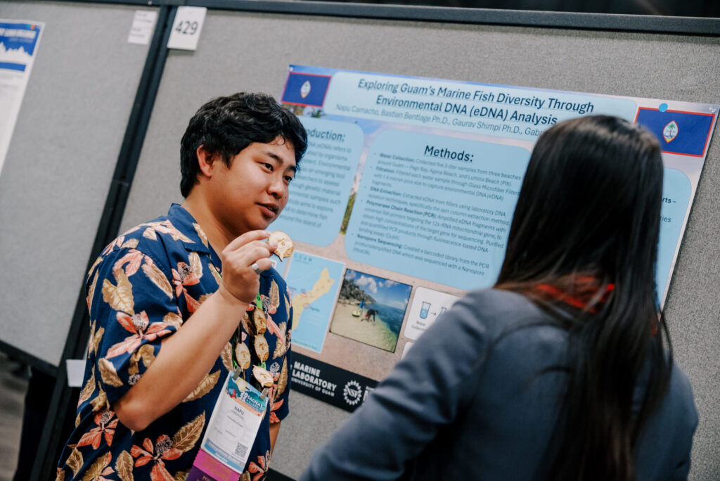 Guam NSF EPSCoR and UOG Marine Lab student Napu Camacho presents his research at the SACNAS NDiSTEM conference in Columbus, Ohio. Camacho was one of the twelve UOG students who submitted abstracts and were selected to present at the national conference. His research looked to explore Guam’s marine fish diversity through environmental DNA analysis.