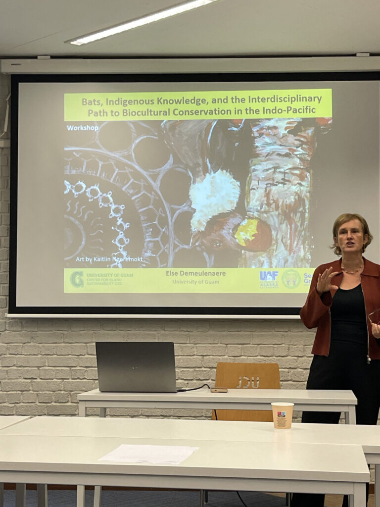 UOG CIS and Sea Grant associate director for natural resources Else Demeulenaere, Ph.D., presents on the Marianas Fruit Bat a seminar held in Belgium. The event welcomed bat experts from all around the globe to discuss methods and practices for conservation of the mammals.