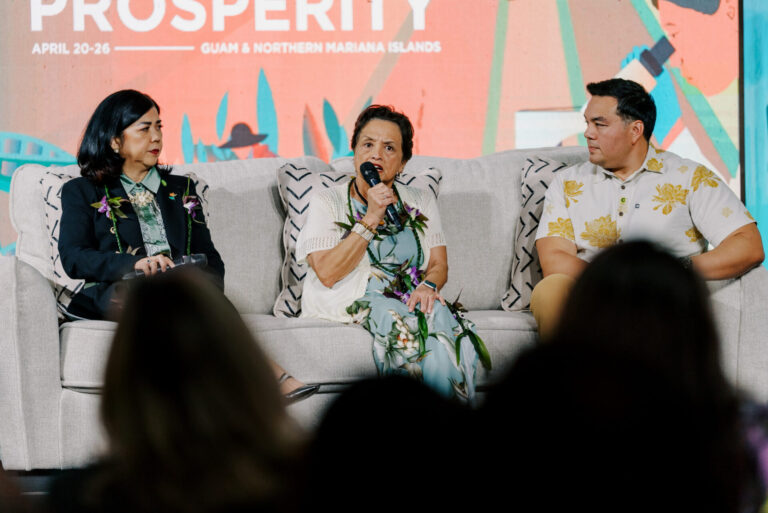UOG President Anita Borja Enriquez, DBA, Gov. Lou Leon Guerrero, and Austin Shelton, Ph.D., director of the UOG Center for Island Sustainability and Sea Grant, participate in the “Conversations with the Co-Chairs” session during the 17th University of Guam Conference on Island Sustainability,