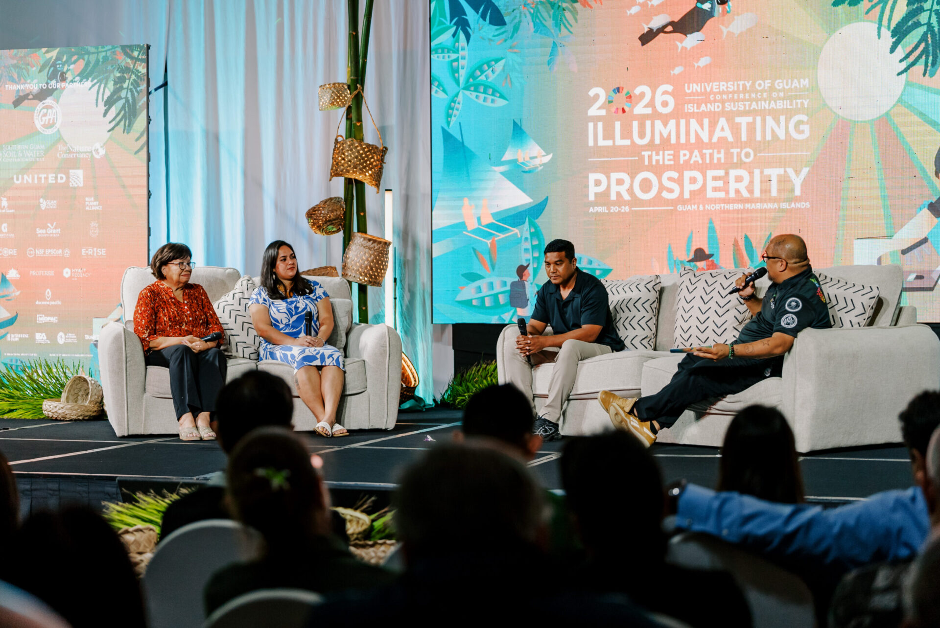 Panelists Carlotta Leon Guerrero, executive director of the Ayuda Foundation; Maria Hernandez May, co-director of the Micronesia Climate Change Alliance; and John Howard, president of Foneni Achocho Sensu (FAS), joined moderator Kyle Mandapat, associate director for communications and community engagement at the UOG Center for Island Sustainability and Sea Grant, during the Sinlaku Recovery Panel at CIS2026