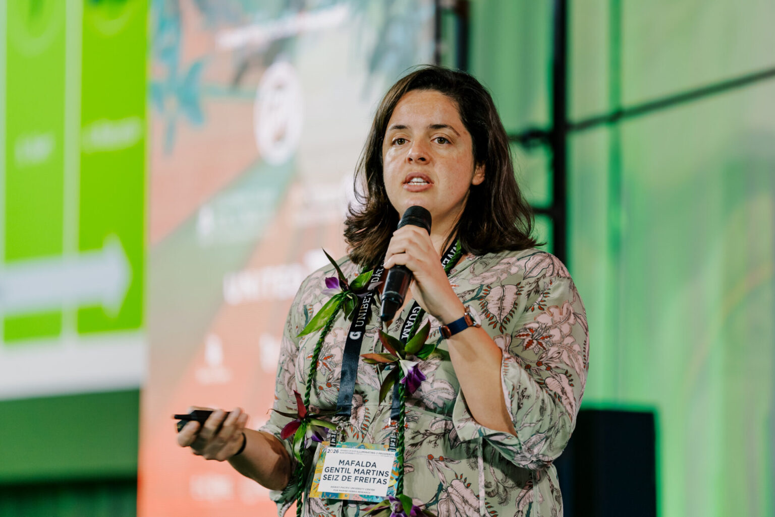 Marine biologist Mafalda Gentil Martins Seiz de Freitas speaks at the 17th Conference on Island Sustainability.