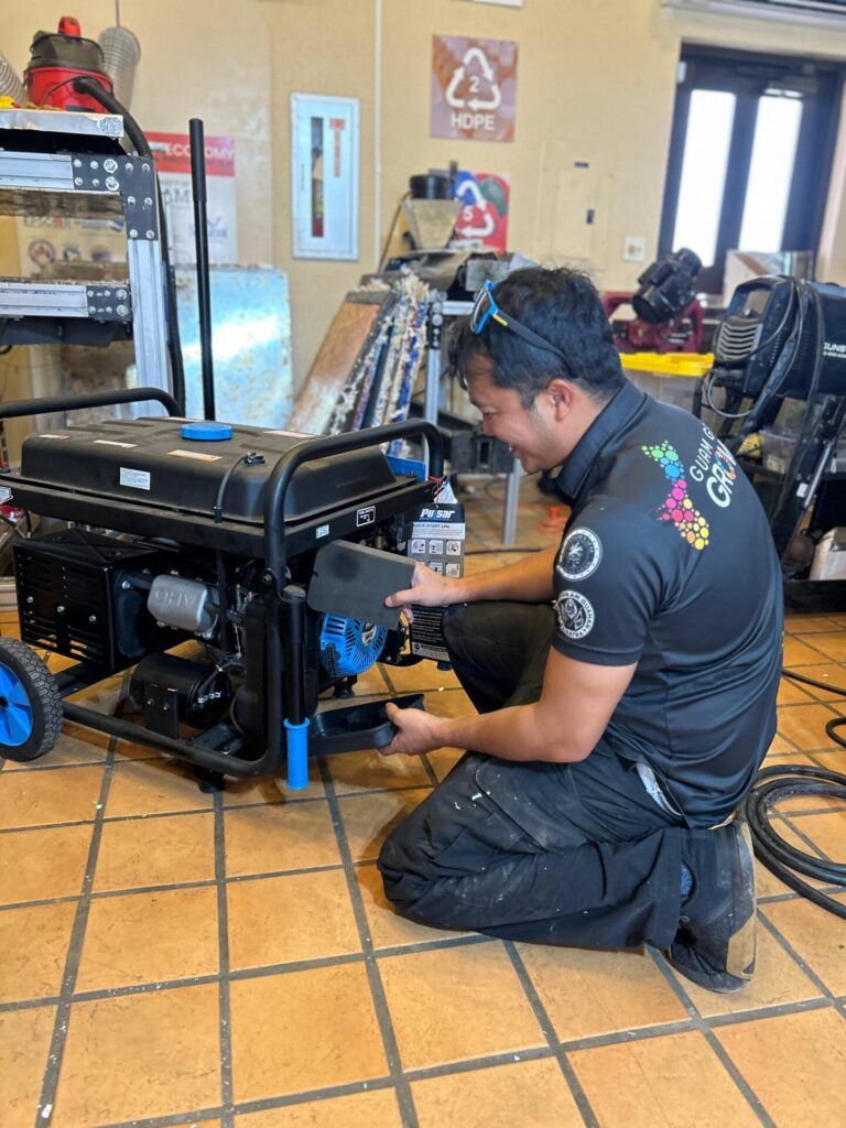Guam Green Growth Circular Economy Makerspace and Innovation Hub team member Justin Cruz services a generator at the Hagatna campus.  Cruz and others will be on hand to provide education and storm preparedness lessons for attendees at a special Storm Smart Workshop this Saturday.  The workshop is a joint production of G3 and GTA who will also be on hand to discuss ways to keep communication open during storms with lessons for smart phone users.