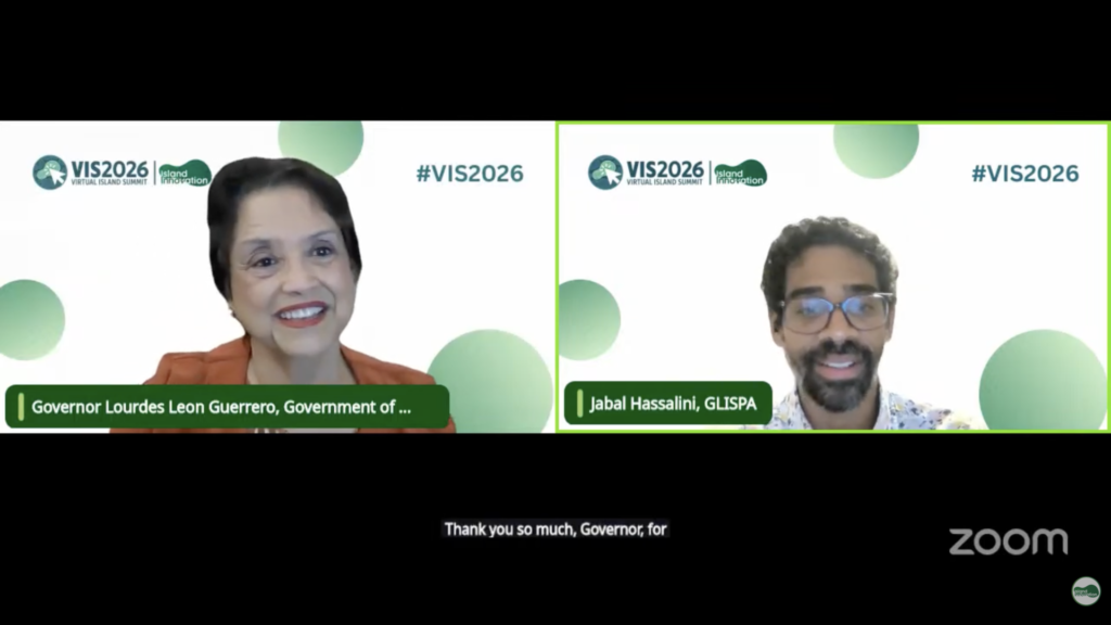 a split-screen video capture of a Zoom meeting during the 2026 Virtual Island Summit, featuring Governor Lourdes Leon Guerrero speaking on the left and Jabal Hassalini from GLISPA on the right.
